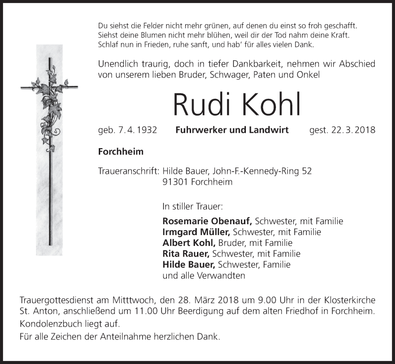  Traueranzeige für Rudi Kohl vom 24.03.2018 aus MGO