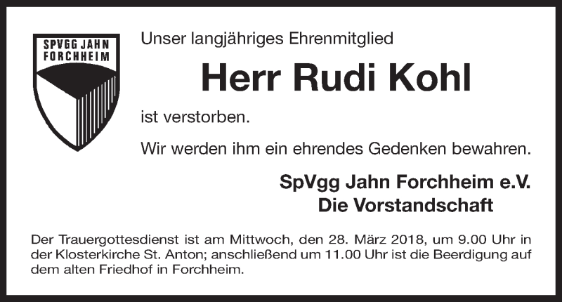  Traueranzeige für Rudi Kohl vom 26.03.2018 aus MGO