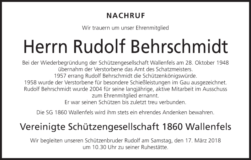  Traueranzeige für Rudolf Behrschmidt vom 15.03.2018 aus MGO