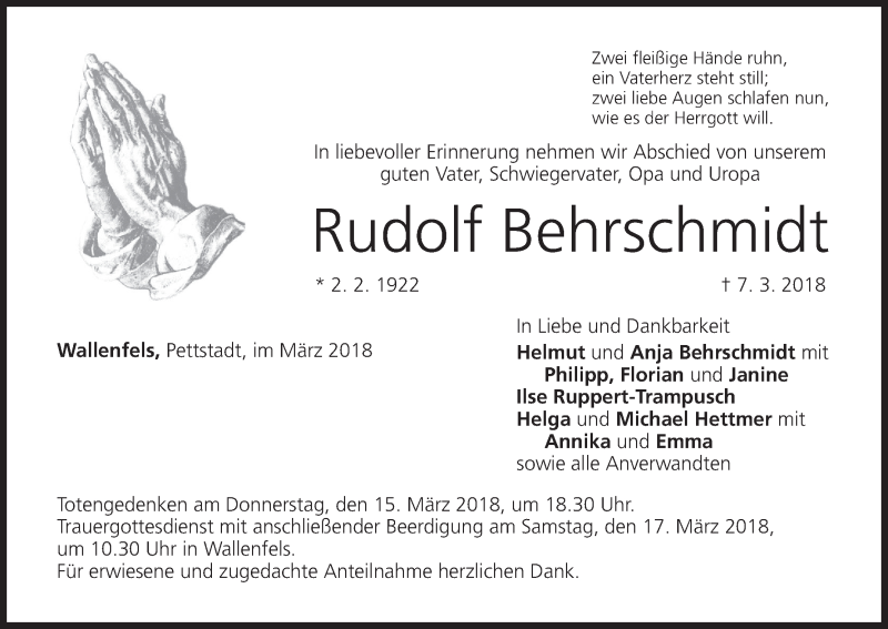  Traueranzeige für Rudolf Behrschmidt vom 10.03.2018 aus MGO