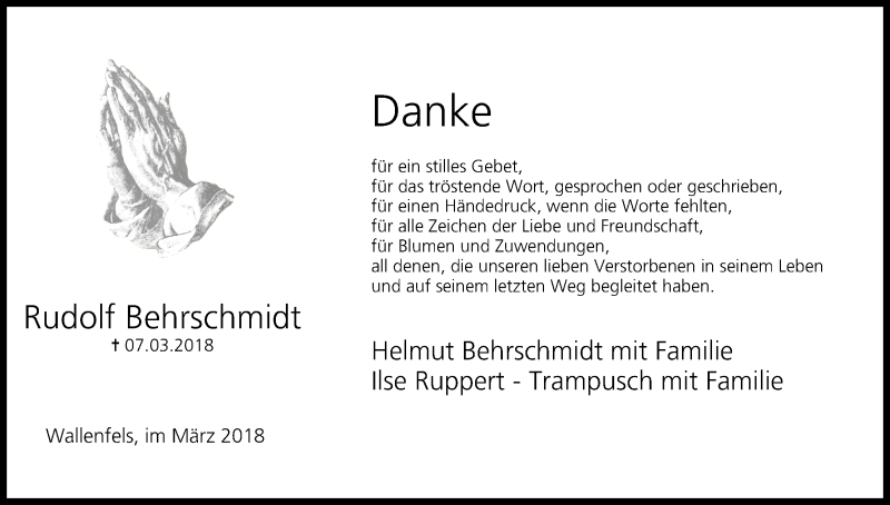  Traueranzeige für Rudolf Behrschmidt vom 24.03.2018 aus MGO