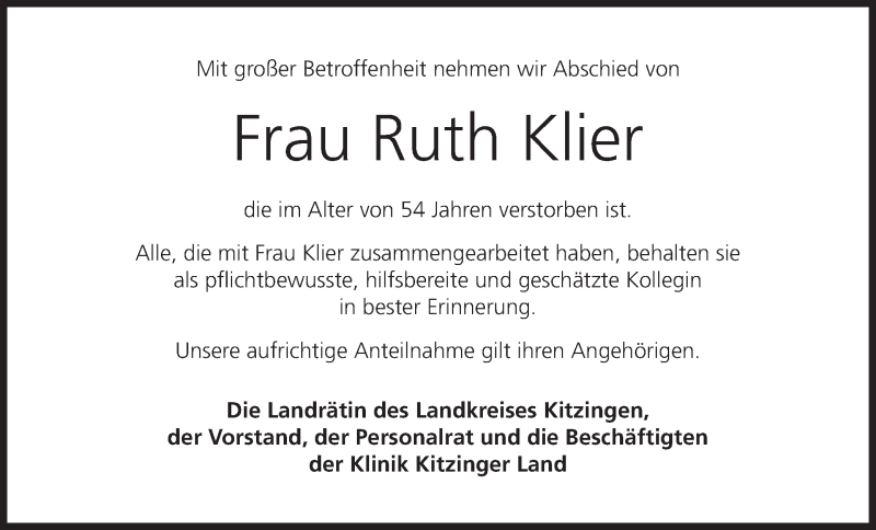  Traueranzeige für Ruth Klier vom 27.03.2018 aus MGO