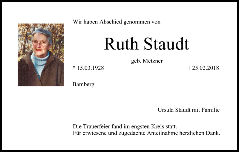  Traueranzeige für Ruth Staudt vom 31.03.2018 aus MGO