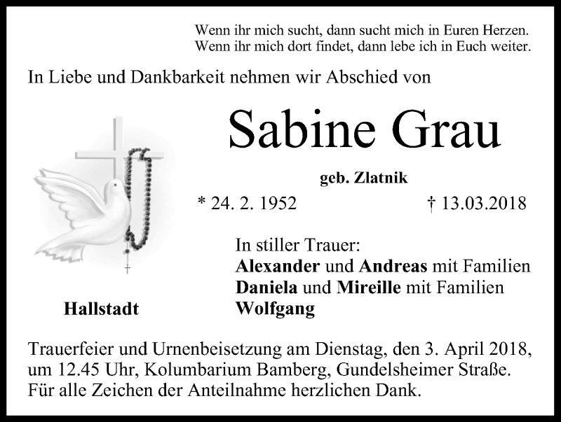  Traueranzeige für Sabine Grau vom 31.03.2018 aus MGO
