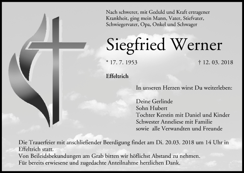  Traueranzeige für Siegfried Werner vom 15.03.2018 aus MGO