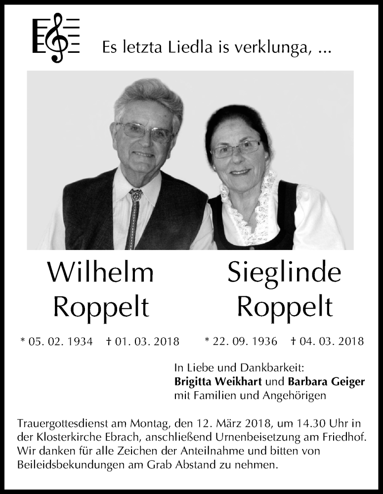  Traueranzeige für Sieglinde Roppelt vom 10.03.2018 aus MGO