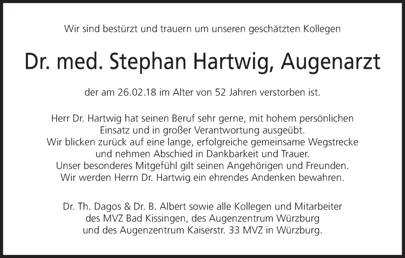  Traueranzeige für Stephan Hartwig vom 03.03.2018 aus MGO