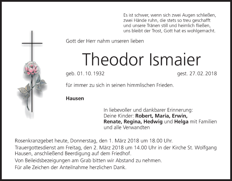  Traueranzeige für Theodor Ismaier vom 01.03.2018 aus MGO