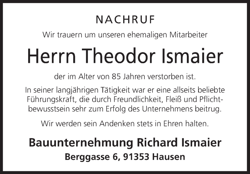  Traueranzeige für Theodor Ismaier vom 02.03.2018 aus MGO