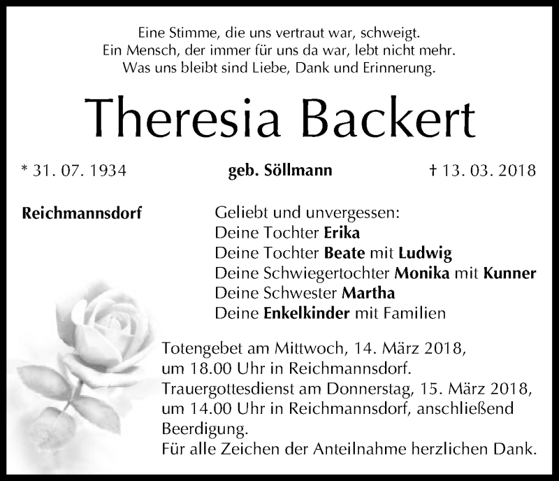  Traueranzeige für Theresia Backert vom 14.03.2018 aus MGO