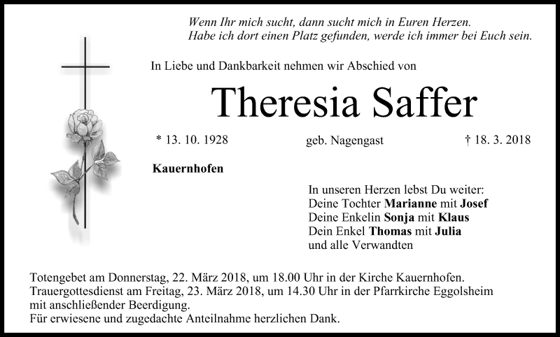  Traueranzeige für Theresia Saffer vom 21.03.2018 aus MGO