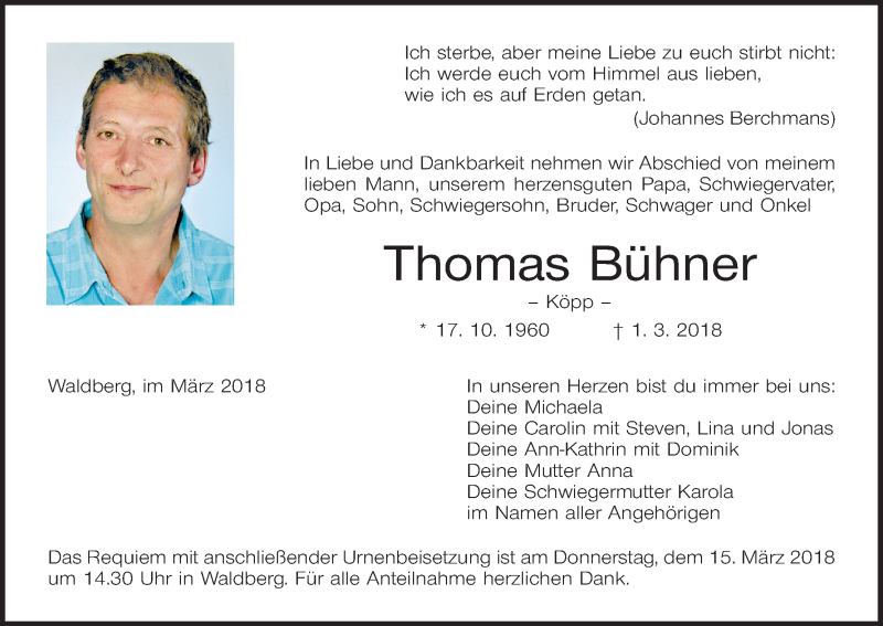  Traueranzeige für Thomas Bühner vom 10.03.2018 aus MGO