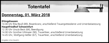 Anzeige von Totentafel vom 01.03.2018 von MGO