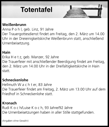 Anzeige von Totentafel vom 01.03.2018 von MGO