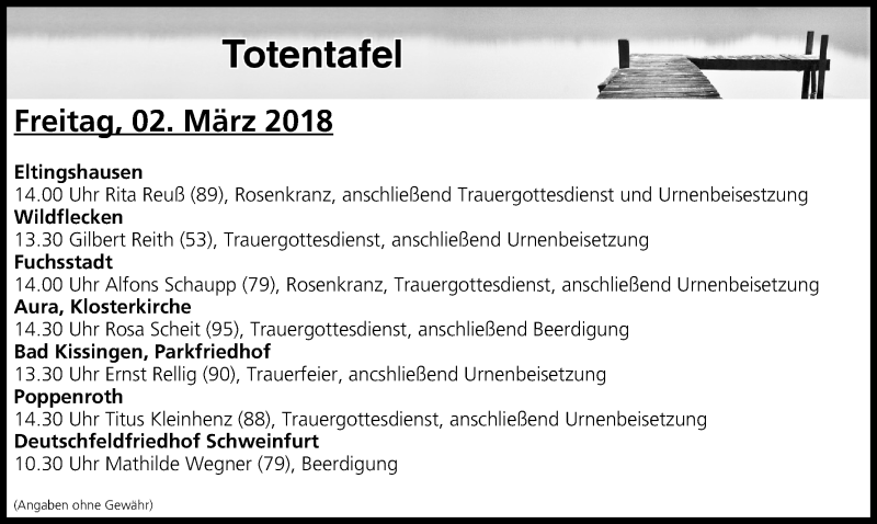  Traueranzeige für Totentafel vom 02.03.2018 vom 02.03.2018 aus MGO
