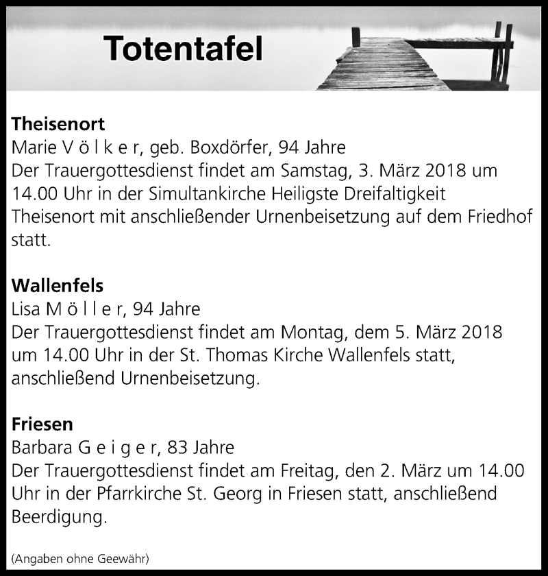  Traueranzeige für Totentafel vom 02.03.2018 vom 02.03.2018 aus MGO