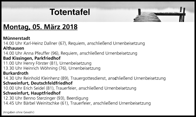  Traueranzeige für Totentafel vom 05.03.2018 vom 05.03.2018 aus MGO