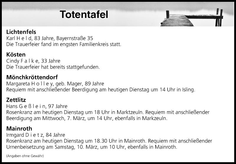  Traueranzeige für Totentafel vom 06.03.2018 vom 06.03.2018 aus MGO