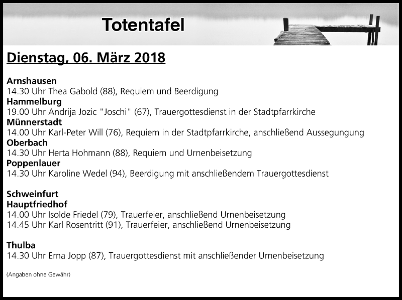  Traueranzeige für Totentafel vom 06.03.2018 vom 06.03.2018 aus MGO