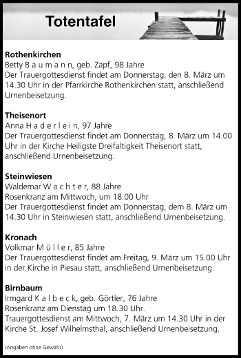 Anzeige von Totentafel vom 07.03.2018 von MGO