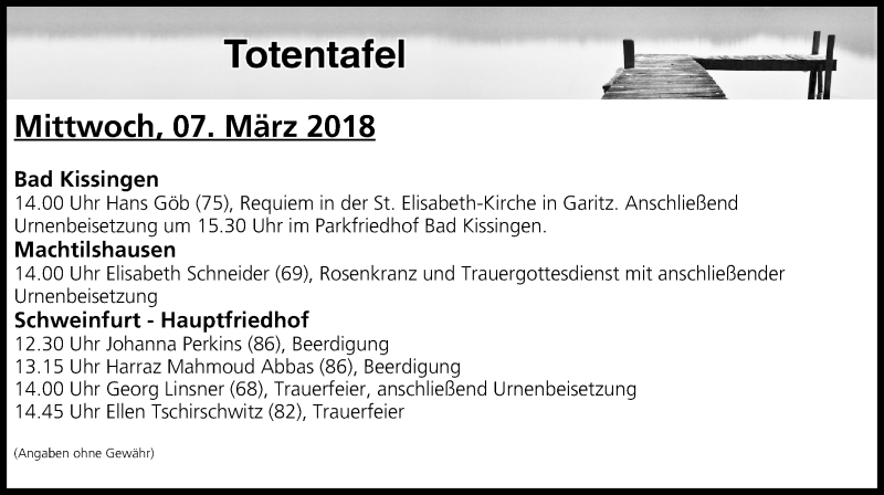  Traueranzeige für Totentafel vom 07.03.2018 vom 07.03.2018 aus MGO