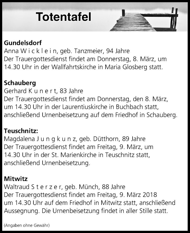  Traueranzeige für Totentafel vom 08.03.2018 vom 08.03.2018 aus MGO