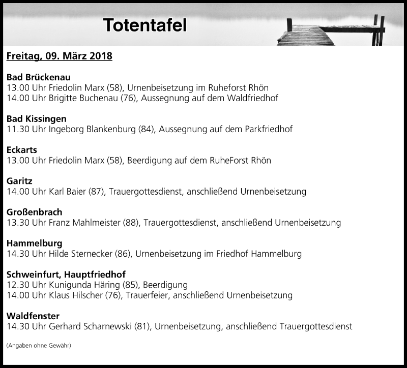  Traueranzeige für Totentafel vom 09.03.2018 vom 09.03.2018 aus MGO