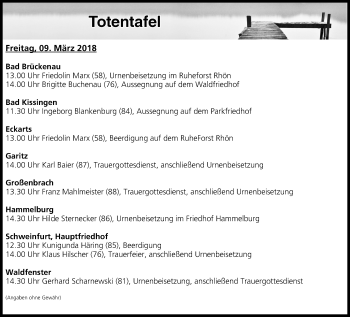Anzeige von Totentafel vom 09.03.2018 von MGO