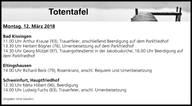  Traueranzeige für Totentafel vom 12.03.2018 vom 12.03.2018 aus MGO