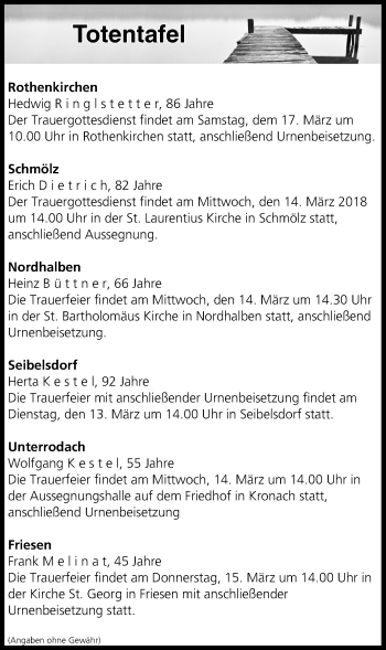 Anzeige von Totentafel vom 13.03.2018 von MGO