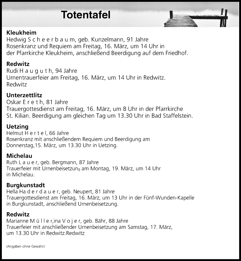  Traueranzeige für Totentafel vom 15.03.2018 vom 15.03.2018 aus MGO