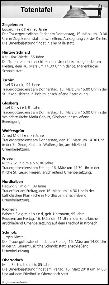 Anzeige von Totentafel vom 15.03.2018 von MGO