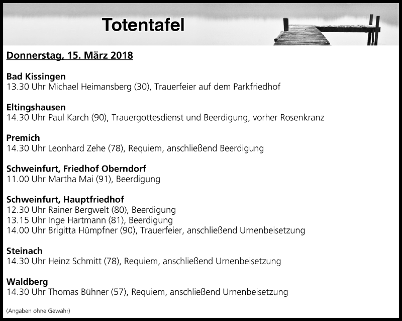  Traueranzeige für Totentafel vom 15.03.2018 vom 15.03.2018 aus MGO