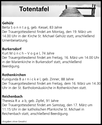 Anzeige von Totentafel vom 16.03.2018 von MGO