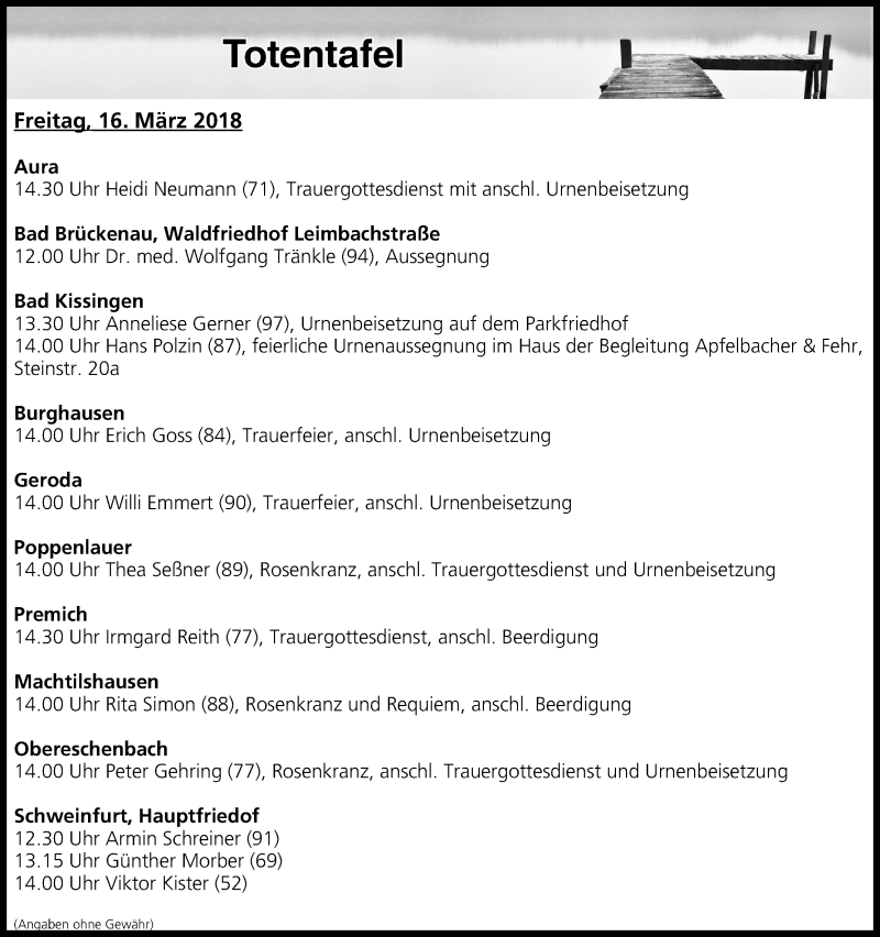  Traueranzeige für Totentafel vom 16.03.2018 vom 16.03.2018 aus MGO