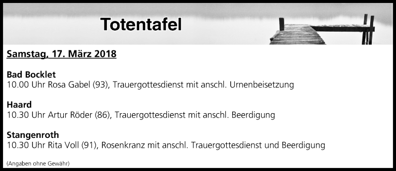  Traueranzeige für Totentafel vom 17.03.2018 vom 17.03.2018 aus MGO
