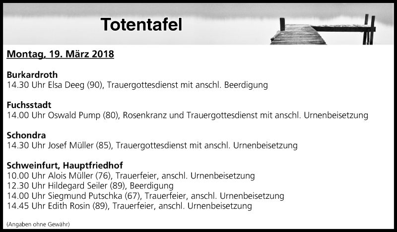 Traueranzeige für Totentafel vom 19.03.2018 vom 19.03.2018 aus MGO