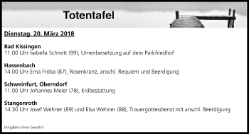 Anzeige von Totentafel vom 20.03.2018 von MGO
