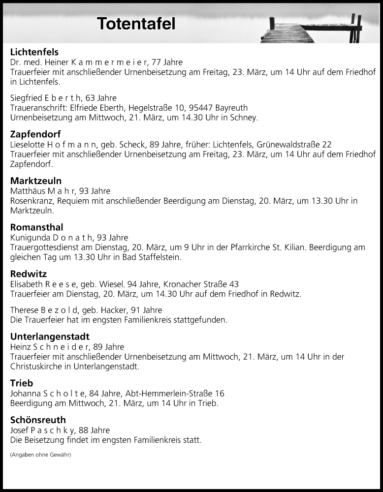  Traueranzeige für Totentafel vom 20.03.2018 vom 20.03.2018 aus MGO