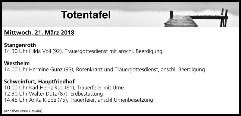  Traueranzeige für Totentafel vom 21.03.2018 vom 21.03.2018 aus MGO