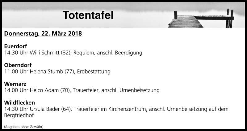  Traueranzeige für Totentafel vom 22.03.2018 vom 22.03.2018 aus MGO