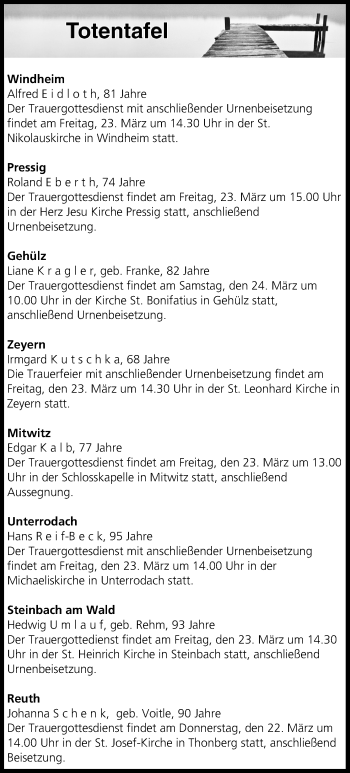 Anzeige von Totentafel vom 22.03.2018 von MGO