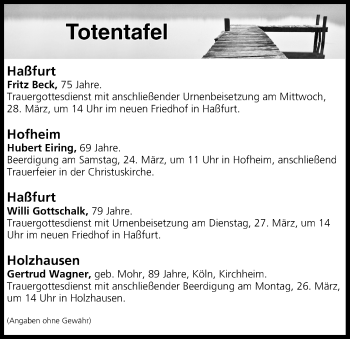 Anzeige von Totentafel vom 24.03.2018 von MGO