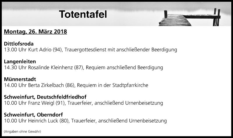  Traueranzeige für Totentafel vom 26.03.2018 vom 26.03.2018 aus MGO