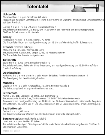 Anzeige von Totentafel vom 27.03.2018 von MGO