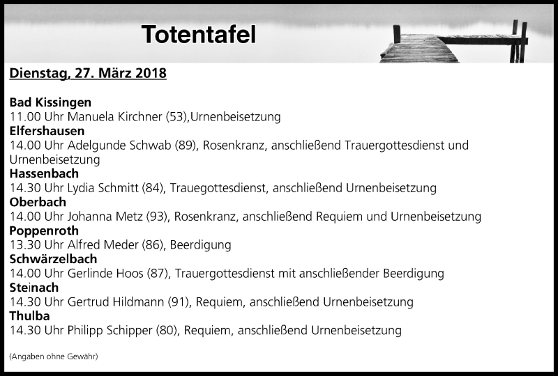  Traueranzeige für Totentafel vom 27.03.2018 vom 27.03.2018 aus MGO