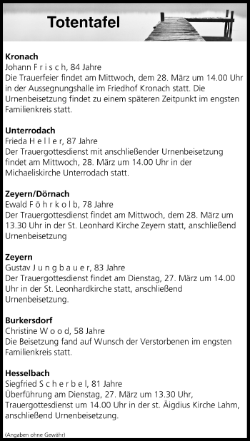 Anzeige von Totentafel vom 27.03.2018 von MGO