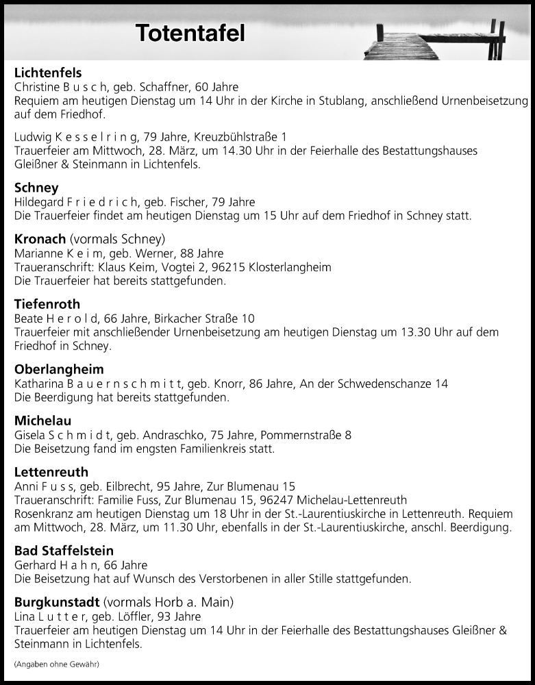  Traueranzeige für Totentafel vom 27.03.2018 vom 27.03.2018 aus MGO