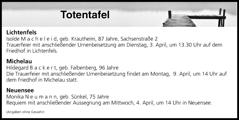  Traueranzeige für Totentafel vom 31.03.2018 vom 31.03.2018 aus MGO