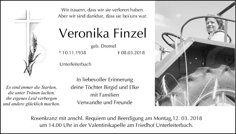  Traueranzeige für Veronika Finzel vom 10.03.2018 aus MGO